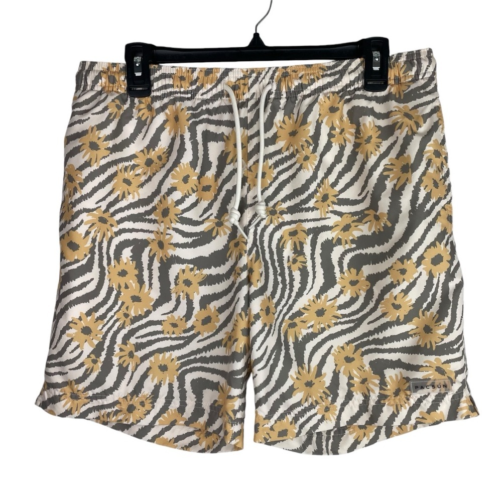 Pacsun | Yellow Gray Cream Floral Pull On Swim Trunks New